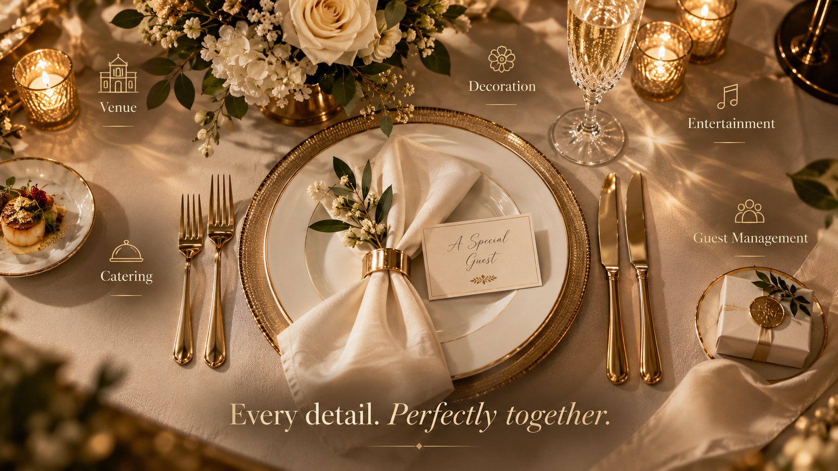 Elegant table setting with gold cutlery, a napkin with gold ring, a name card, champagne, candles and white roses, labelled Venue, Catering, Decoration, Entertainment and Guest Management – Every detail. Perfectly together.