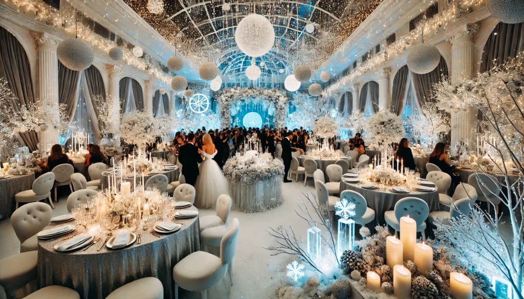 Elegant Winter Wonderland themed party with white and silver decor, fairy lights, and ice sculptures creating a snowy paradise