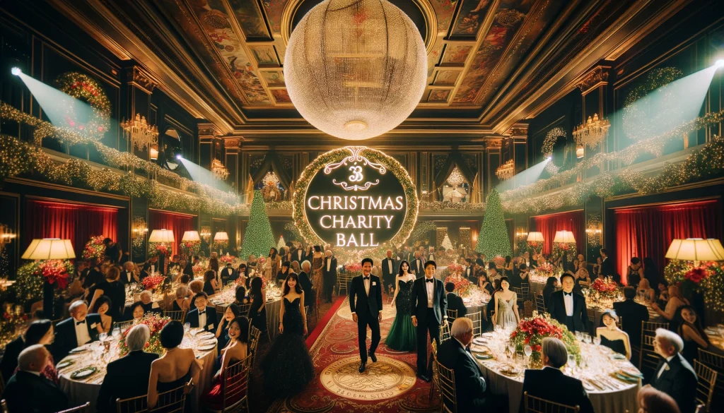 Glamorous Christmas Charity Ball with elegant decor, formal attire, and fundraising activities for a charitable cause.