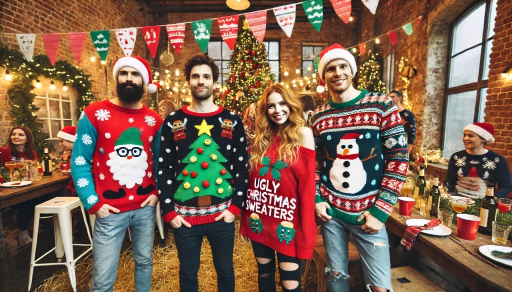 Fun and quirky Ugly Christmas Sweater party with guests wearing outrageous sweaters and a lively festive atmosphere.