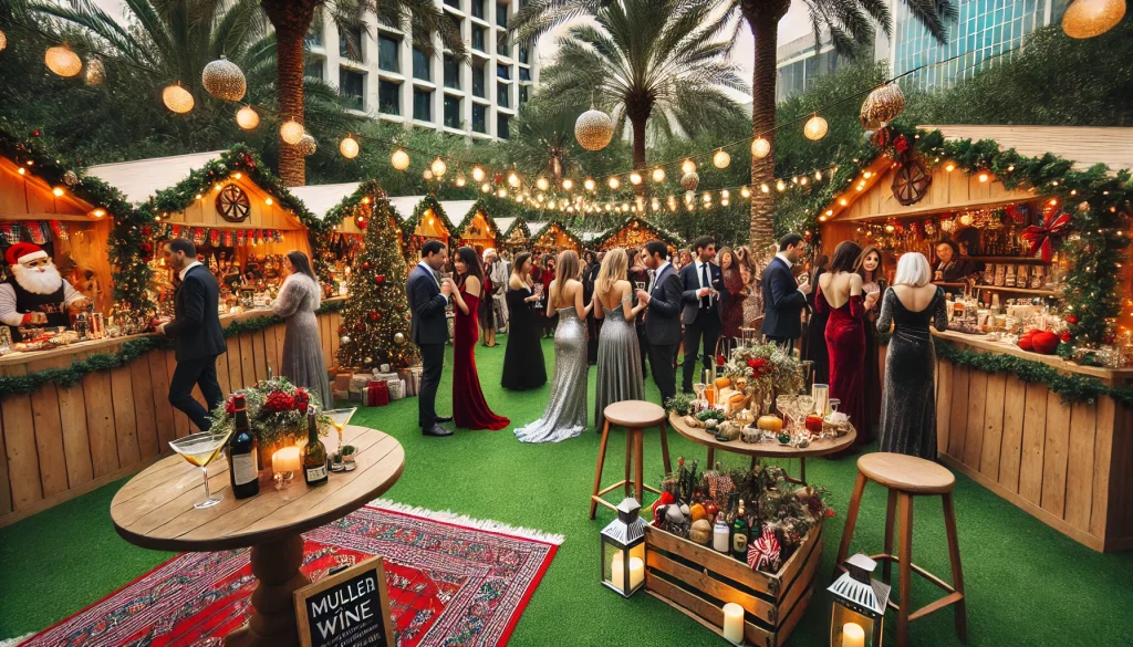 Outdoor Christmas Market party with palm trees, cocktail tables, festive stalls, and elegantly dressed guests.