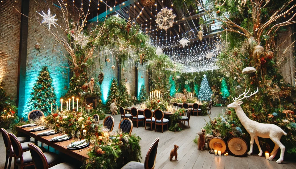 Magical Enchanted Forest themed party with twinkling lights, greenery, and Christmas elements creating a mystical atmosphere.