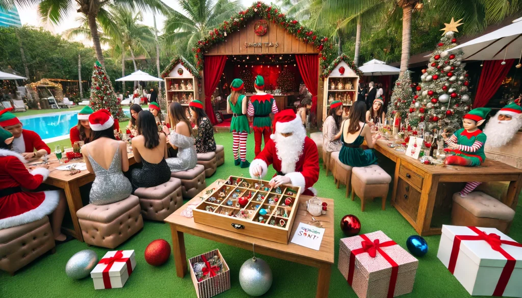 Elegant Santa’s Workshop themed party with festive decor, interactive activities, and toy-making stations for a refined holiday celebration.