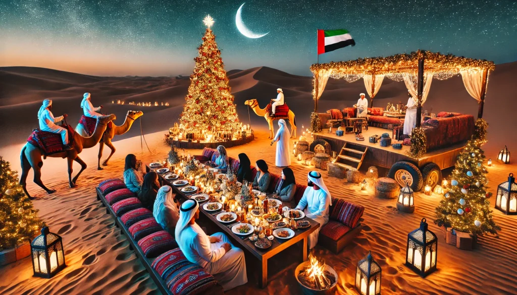 Christmas party in Dubai desert with festive lights, Christmas tree, and Middle Eastern decor.