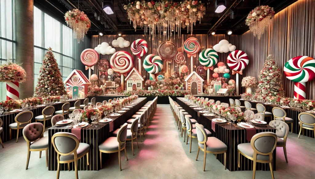 Sophisticated Candyland Christmas party with elegant candy-themed decor and a festive backdrop featuring whimsical elements.